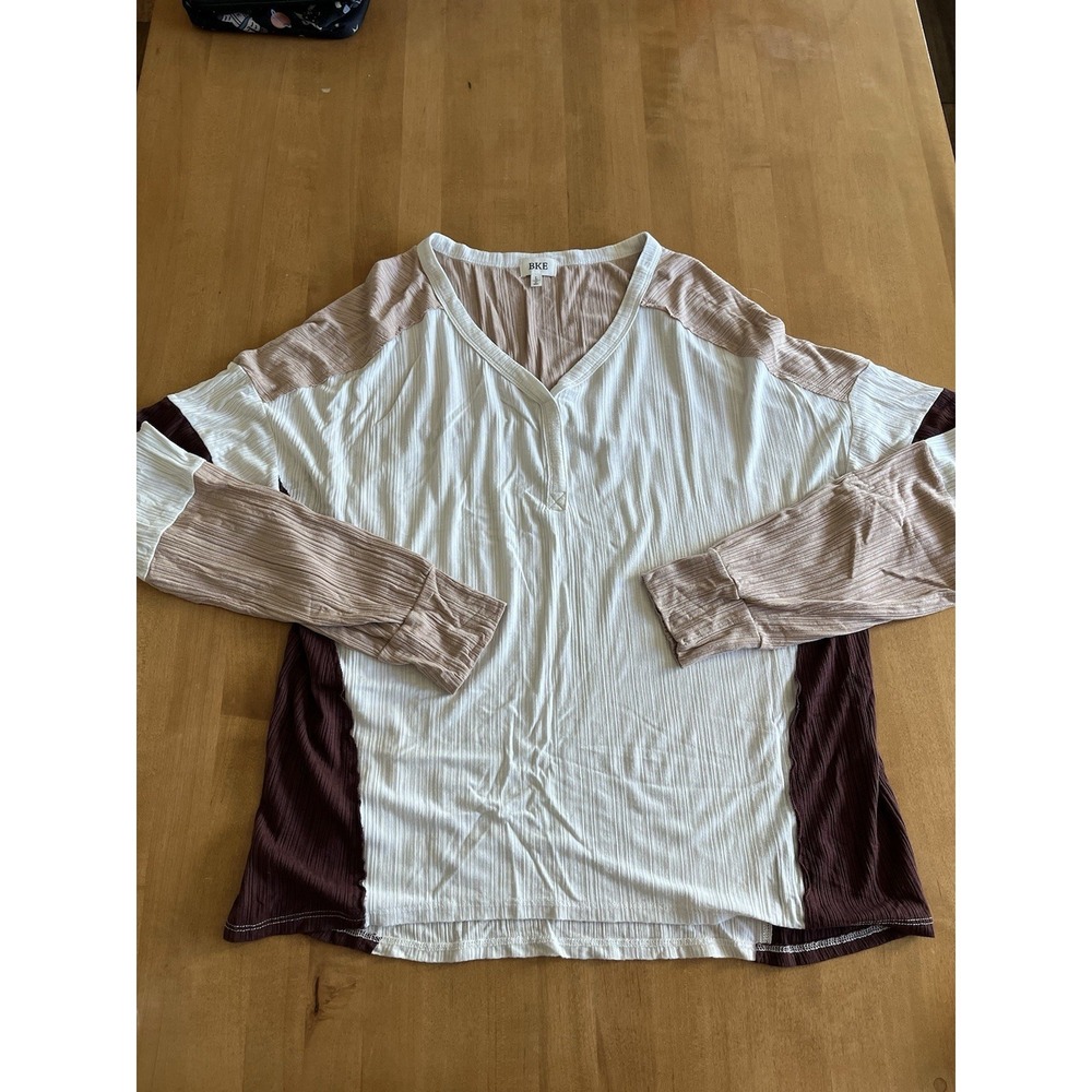 BKE Womens Ribbed Henley Top Colorblock Long Sleeve‎ Cream Tan Burgundy Sz L